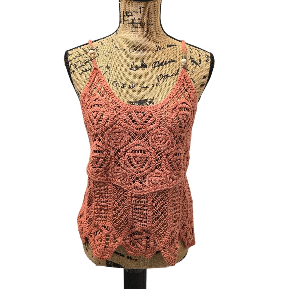 Y2K Miss Me Crochet Tank Top Open Knit Hippie Festival Beaded Western Sz L NWOT